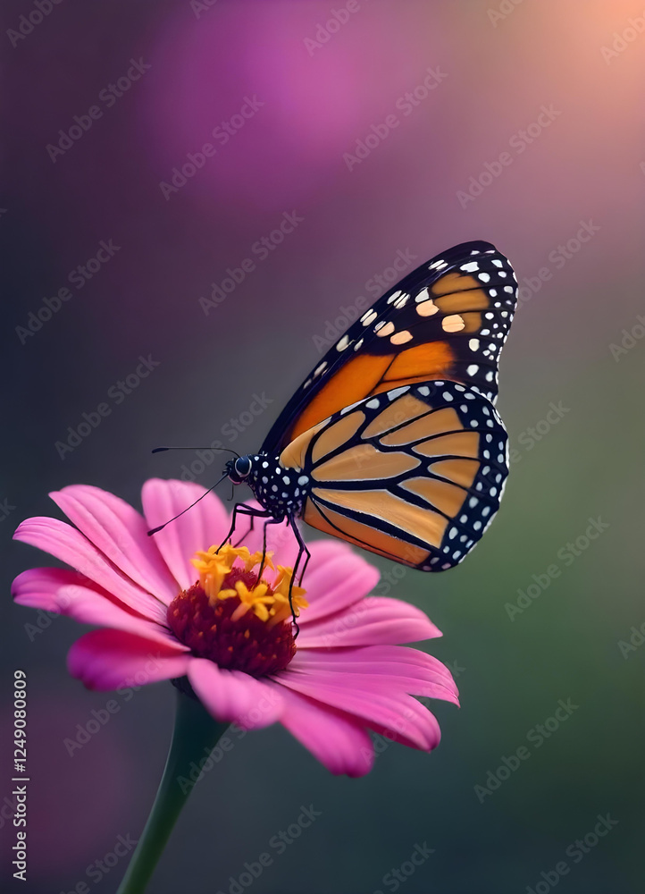 Monarch Butterfly with Striking Orange and Black Wings – Gracefully Perched on a Pink Flower, with a Soft Blurred Background in Beautiful Shades of Purple and Green Monarch Butterfly with Striking Orange and Black Wings – Gracefully Perched on a Pink Flower, with a Soft Blurred Background in Beautiful Shades of Purple and Green