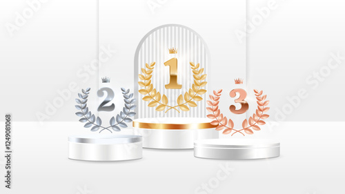 Realistic 3d Podium Stage. Winners pedestal with gold, silver and bronze  laurel awards for winners. 1, 2, 3 place. Vector Illustration on White Background.