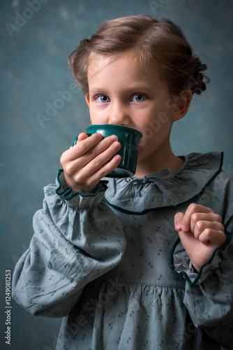 A young girl is drinking from a green cup. She is wearing a vintage green dress