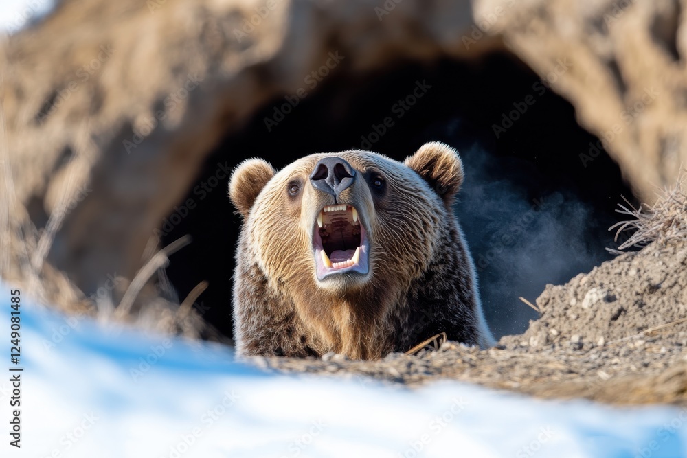 A powerful grizzly bear roars from its den in the wilderness, exhibiting its fierce presence and the raw beauty of its natural habitat.