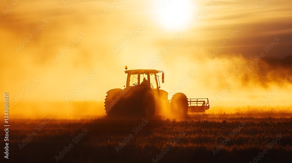 Fototapeta premium Silhouette of a tractor working in a field at sunrise