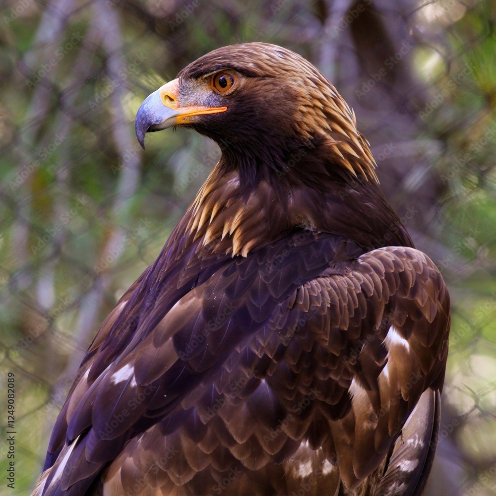 Obraz premium Golden Eagle in Repose: Golden eagle perched with a piercing gaze, its dark feathers contrasting against a soft, natural backdrop. 