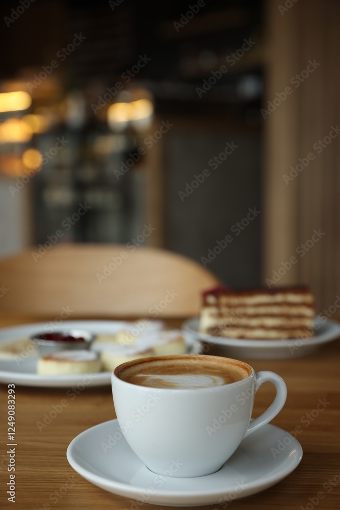 Fototapeta premium Aromatic coffee and delicious desserts served on wooden table in cafe, closeup