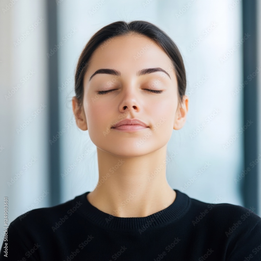 woman meditating with closed eyes in black top woman meditating with closed eyes in black top