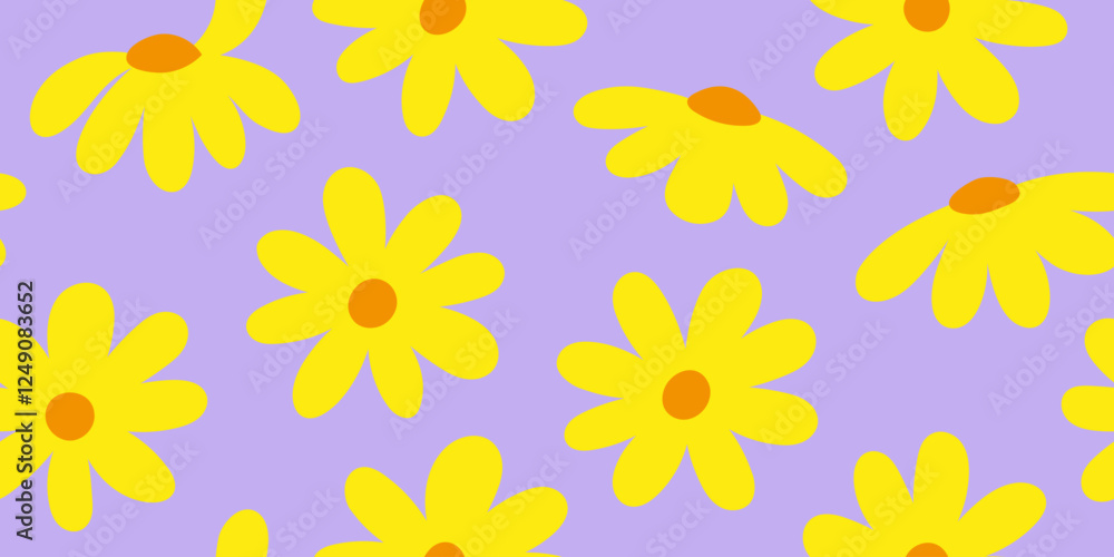 Simple hand drawn yellow daisy flower seamless pattern with violet color in the background. Design for fabric, cover, wrapping, wallpaper. Simple hand drawn yellow daisy flower seamless pattern with violet color in the background. Design for fabric, cover, wrapping, wallpaper.