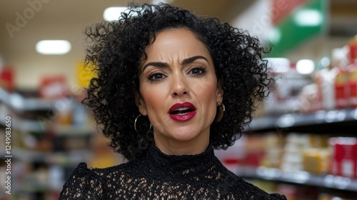 A woman conveys strong emotion amidst a grocery aisle, reflecting a moment of intensity and expression in an everyday setting. photo