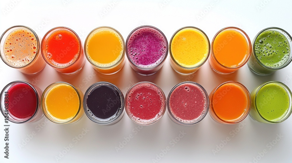 Colorful fruit juices in glasses, arranged in rows on a white background, healthy drinks Colorful fruit juices in glasses, arranged in rows on a white background, healthy drinks