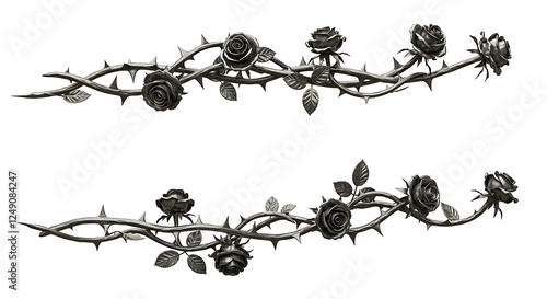Silver metal rose vines with sharp thorns. Gothic prickly vine elements isolated

