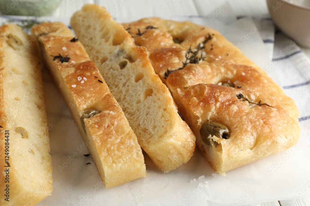 Slices of delicious focaccia bread with olives, thyme and salt on table, closeup Slices of delicious focaccia bread with olives, thyme and salt on table, closeup