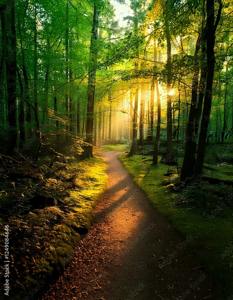 Fototapeta premium Enchanted Forest Path – A magical, glowing woodland scene