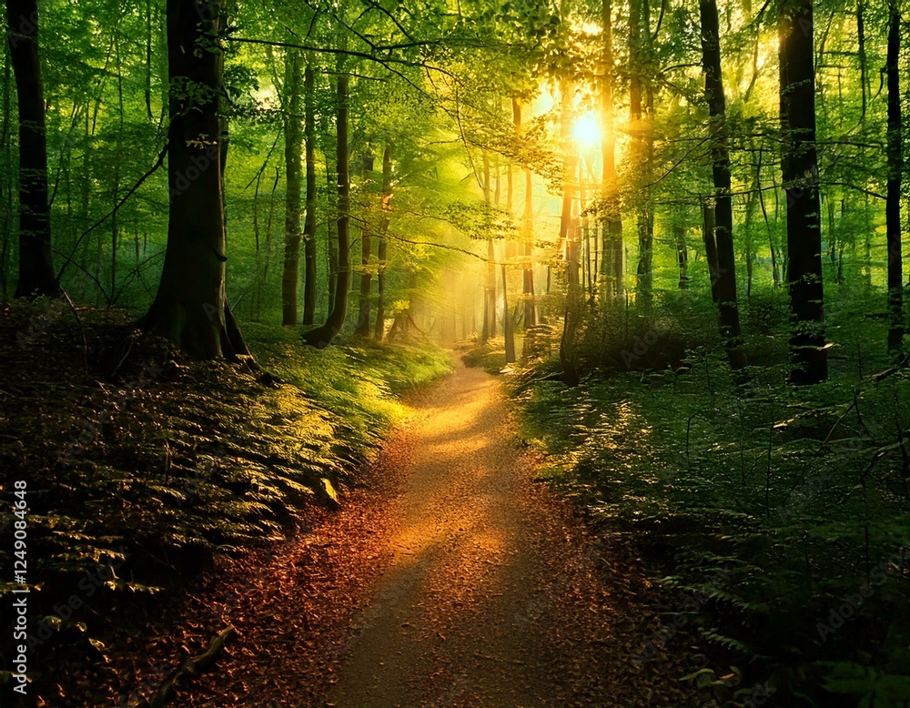 Obraz premium Enchanted Forest Path – A magical, glowing woodland scene