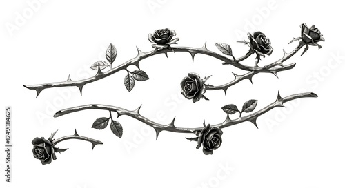 Silver metal rose vines with sharp thorns. Gothic prickly vine elements isolated
