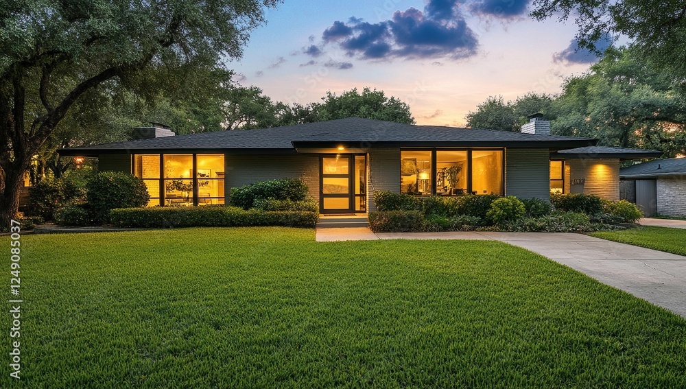 Stunning Ranch House Design: Evening Illumination, Landscaping, and Modern Architecture Stunning Ranch House Design: Evening Illumination, Landscaping, and Modern Architecture