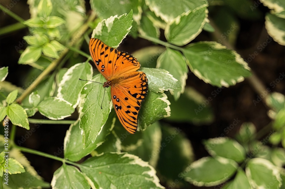 Gulf Fritillary Butterfly on Variegated Leaf: Vivid capture of a Gulf Fritillary butterfly resting on a green and white variegated leaf, enhancing natural and butterfly-themed collections.
Gulf Fritillary Butterfly on Variegated Leaf: Vivid capture of a Gulf Fritillary butterfly resting on a green and white variegated leaf, enhancing natural and butterfly-themed collections.