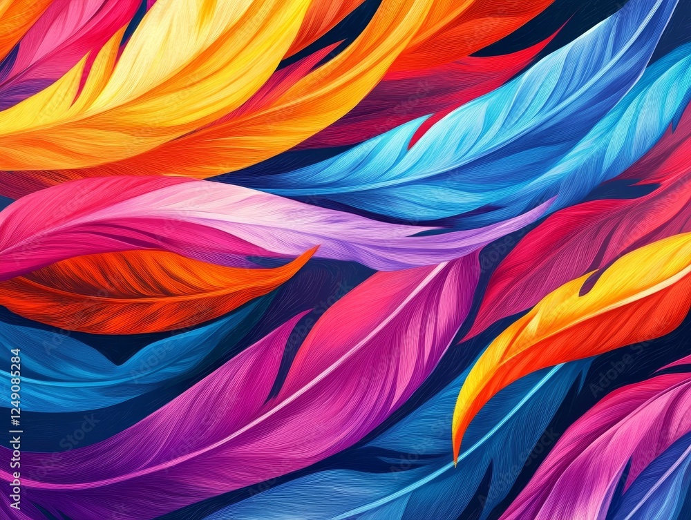 Vibrant array of colorful feathers creating a striking visual impact against a dark background Vibrant array of colorful feathers creating a striking visual impact against a dark background