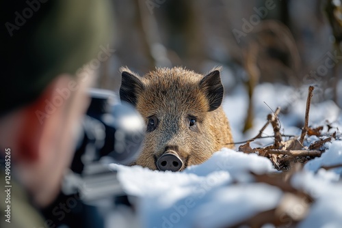 An intense scene captures a wild boar alert in the snow, with a hunter aiming closely, illustrating the complex relationship between man and nature in this serene setting. photo