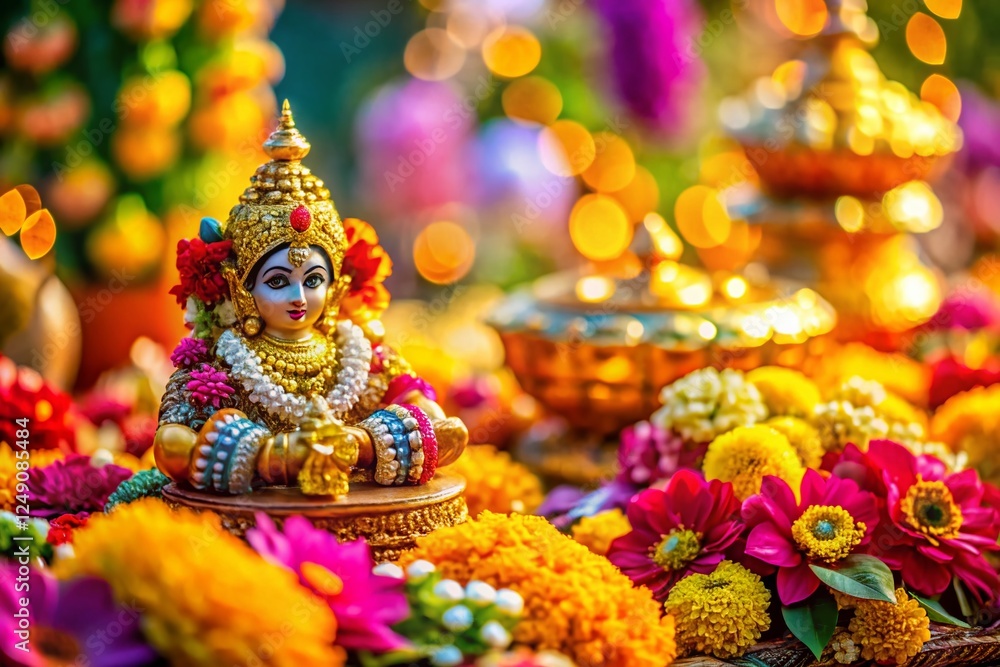 Naklejka premium Macro Happy Krishna Janmashtami Festive Background: Colorful Flowers & Decor