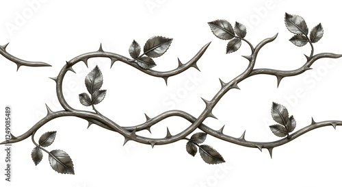 Silver metal rose vines with sharp thorns. Gothic prickly vine elements isolated
