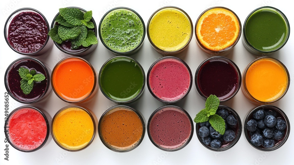 Colorful fruit smoothies in glasses on white background, healthy drinks, top view Colorful fruit smoothies in glasses on white background, healthy drinks, top view