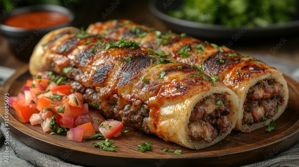 Baked meat rolls with cheese and salsa. Baked meat rolls with cheese and salsa.