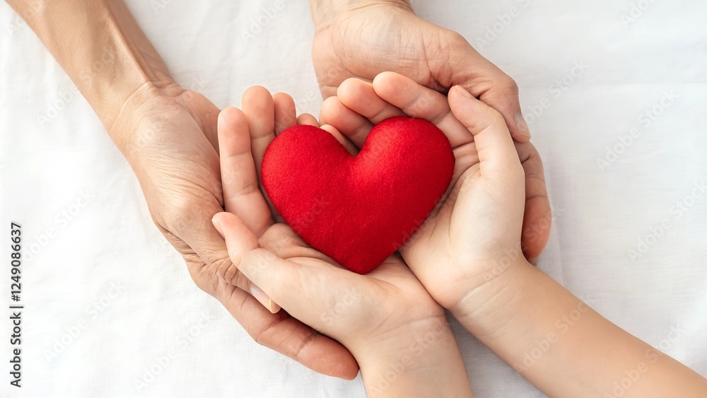 Obraz premium A touching image of an adult and child’s hands cradling a soft red heart, symbolizing love, care, and family support. The contrast against the white background enhances the warmth and emotional connec