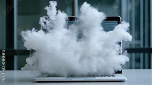 A cloud of smoke emerges from a laptop screen, suggesting mystery and technology's ethereal nature. photo