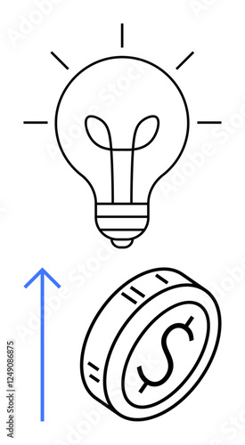 Lightbulb and dollar coin connected by blue upward arrow. Ideal for innovation, financial success, entrepreneurship, growth, creative solutions, investments, economic progress. Abstract line flat