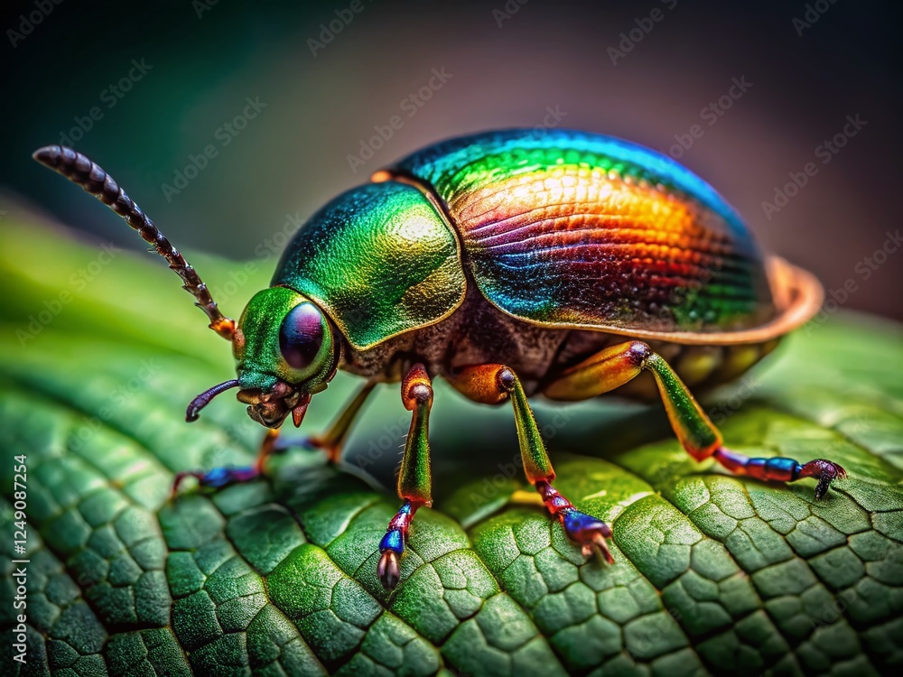Fototapeta premium Macro Photography: Rosemary Beetle on Green Leaf - Low Light Shot
