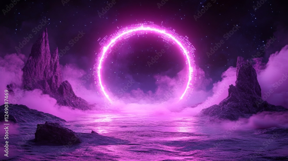Fototapeta premium Futuristic quantum computing design with neon circle in mystical landscape for technology and innovation themes