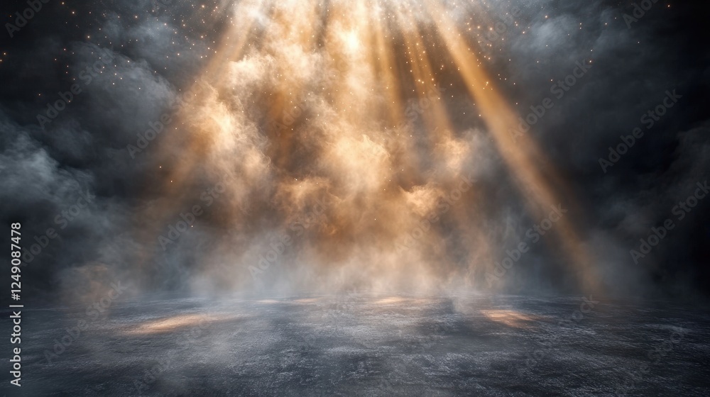 Obraz premium Dark Background with Shining Spotlight Illuminating the Ground Surrounded by Ethereal Cloud and Misty Atmosphere Creating a Dramatic Scene
