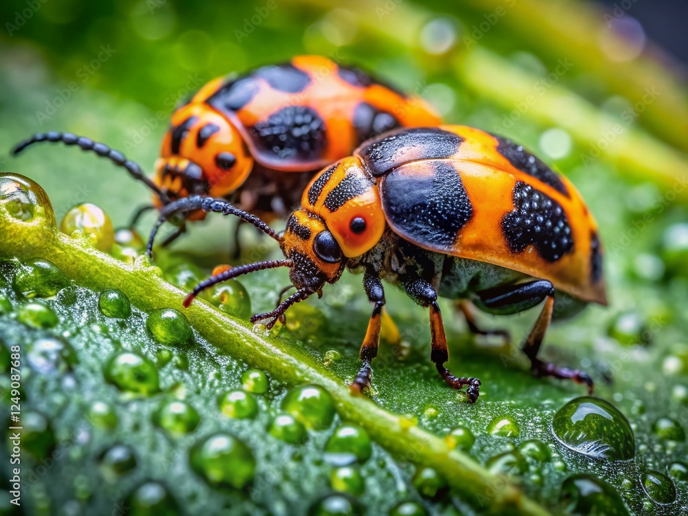 Macro Photography: Vibrant Orange and Black Beetles on Lush Green Leaf Macro Photography: Vibrant Orange and Black Beetles on Lush Green Leaf
