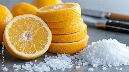 Fresh, vibrant oranges cut and stacked neatly on a table beside a pile of coarse salt, evoking freshness and zest. photo