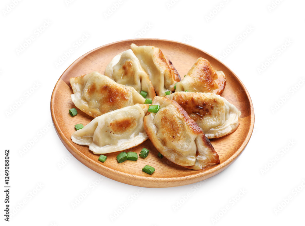 Delicious fried gyoza dumplings with green onions isolated on white Delicious fried gyoza dumplings with green onions isolated on white
