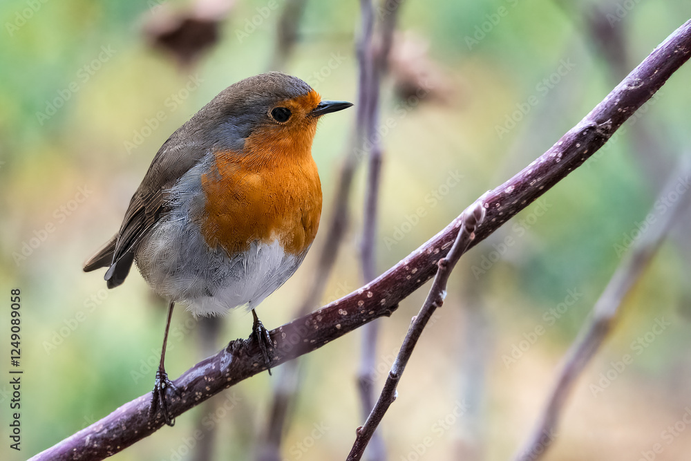 Un pettirosso (Erithacus rubecula) appollaiato su un ramo si guarda intorno in una fredda giornata autunnale. Un pettirosso (Erithacus rubecula) appollaiato su un ramo si guarda intorno in una fredda giornata autunnale.