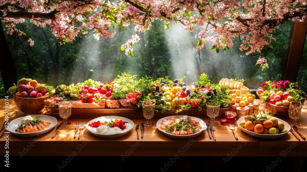 Fototapeta premium Arrangement of seven species of israel with blooming almond blossoms for festive table setting and nature-inspired dining decor