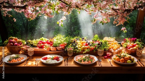 Wallpaper Mural Arrangement of seven species of israel with blooming almond blossoms for festive table setting and nature-inspired dining decor Torontodigital.ca