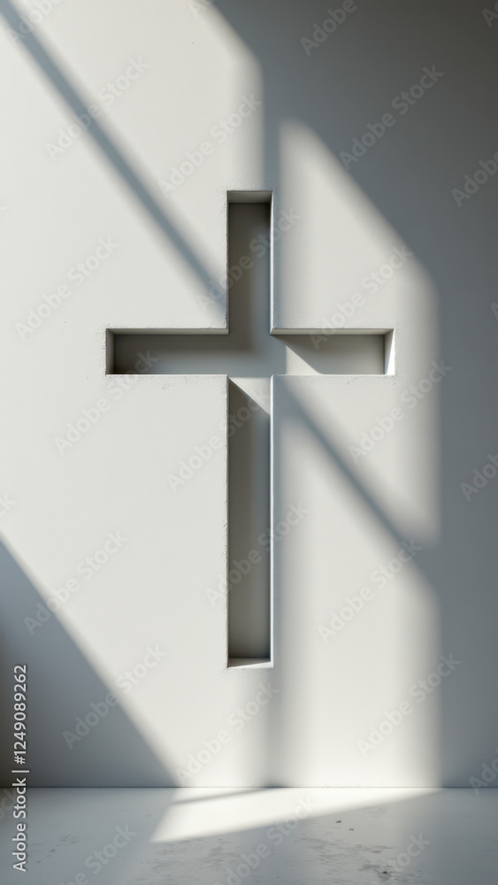Naklejka premium A minimalist Christian cross design on a sunlit wall.