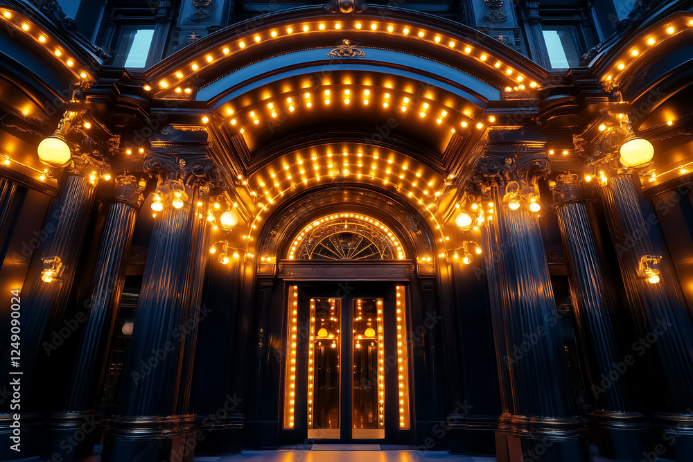 Obraz premium A vibrant theater entrance showcases bright neon lights and ornate golden columns illuminating the area at night. The alluring design captures attention and invites curious visitors