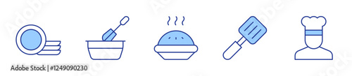 clean dishes, cooker, cooking, chef, apple pie. Cooking Icon vector illustration. Line Duotone style. Editable stroke