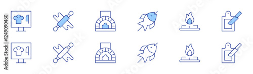 Cooking icon set in two styles, Duotone and Thin Line style. Editable stroke. fish, gas stove, cutting board, computer, rolling pin, pizza oven