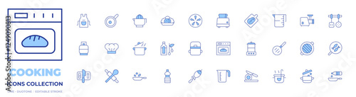 Cooking icons collection. Line Duotone style, editable stroke. cutting, measuring cup, pot, fish, oven, cooking, cooking oil, gas cylinder, chefs hat, frying pan, olive oil