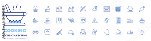 Cooking icons collection. Line Duotone style, editable stroke. frying pan, pan, stove, video, computer, cutting board, gas stove, lunch time, gyoza, knives, pizza oven, knife