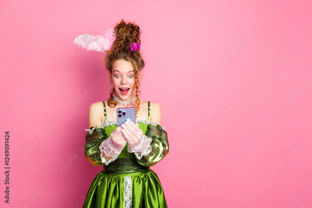 Comparison of modern gadgets and past eras featuring an elegant woman in green baroque costume on pink background Comparison of modern gadgets and past eras featuring an elegant woman in green baroque costume on pink background
