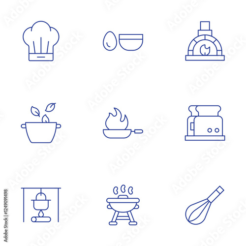 Cooking icons set. Thin Line style, editable stroke. chef hat, cook, cooking, egg, frying pan, grill, stone oven, toaster, whisk