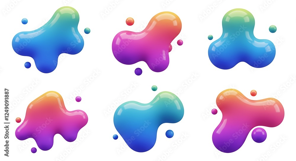 Bold colorful liquid blob 3D shapes set isolated. Vibrant gradient silicone fluid 3D element, abstract melted object. Bold colorful liquid blob 3D shapes set isolated. Vibrant gradient silicone fluid 3D element, abstract melted object.