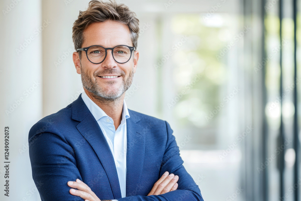 Confident businessman wearing glasses standing with crossed arms in office Confident businessman wearing glasses standing with crossed arms in office