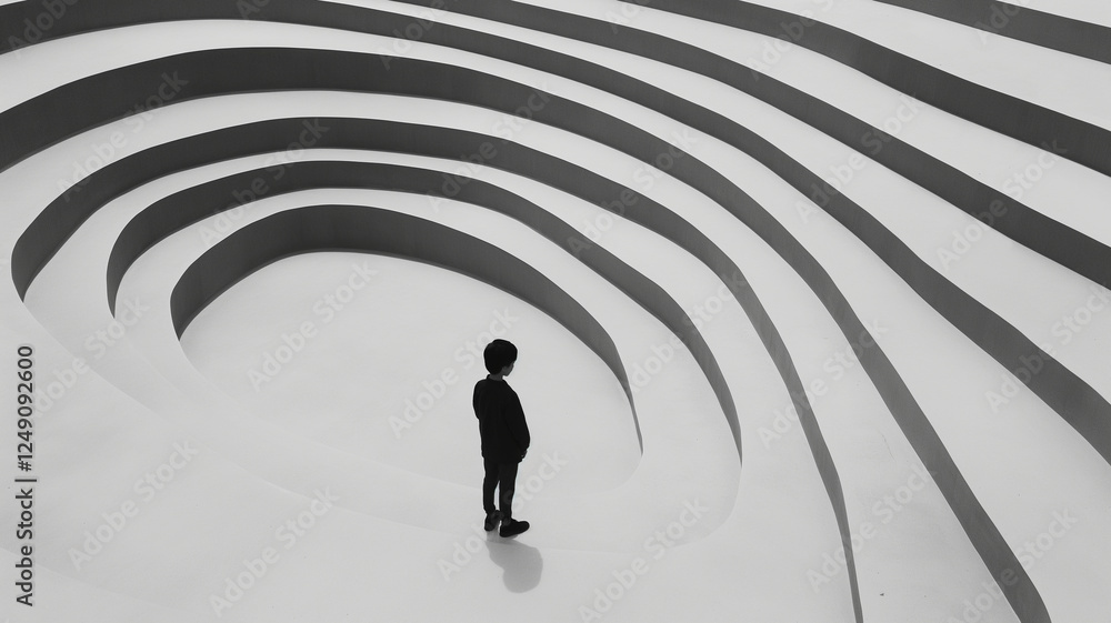 custom made wallpaper toronto digitalperson stands alone in minimalist, abstract space with curved lines and layers, evoking feelings of contemplation and indecision. monochrome design enhances emotional depth
