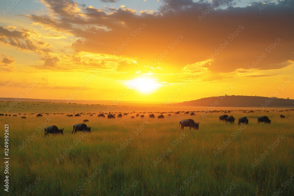 Majestic sunset over african savannah with grazing wildlife