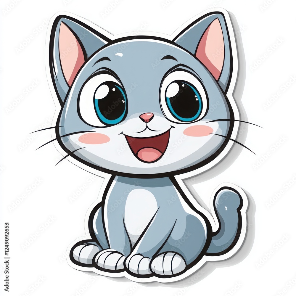 Happy Kitty: A playful and adorable cartoon cat with big blue eyes and a wide grin, radiating happiness and affection, perfect for children's books, illustrations, and digital projects. Happy Kitty: A playful and adorable cartoon cat with big blue eyes and a wide grin, radiating happiness and affection, perfect for children's books, illustrations, and digital projects.