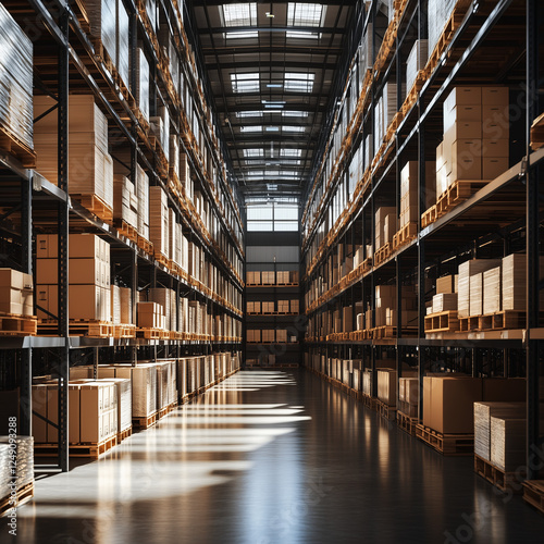 Wallpaper Mural Large industrial warehouse with towering metal racks filled with stacked boxes and pallets. Sunlight streams through the skylights, creating a bright and organized logistics space. Torontodigital.ca